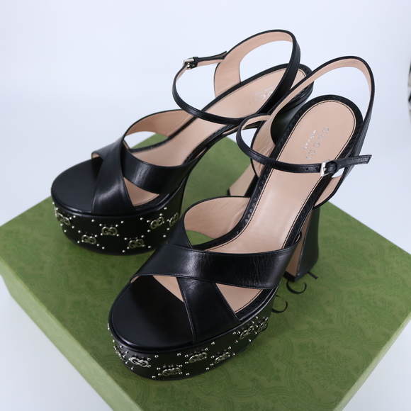 Gucci 41 Janaya Logo Studded Black Platform Heeled Sandals E799 - Picture 15 of 16
